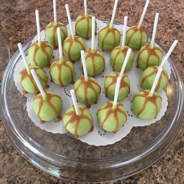 Green Apple Cake Pops with Caramel Stripes
